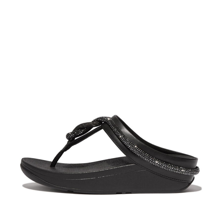 FitFlop Fino Pearls-And-Crystal H-Bar Slides Sandals - Black